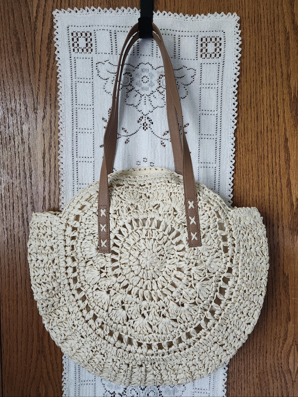 Woven Rattan Round Straw Tote Bag with Brown Handles - Picture 2 of 8